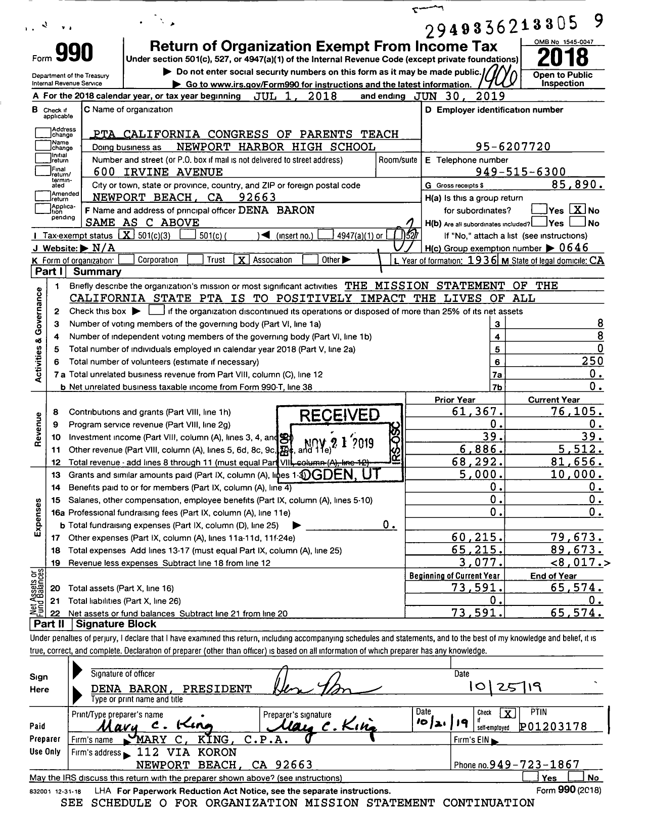 Image of first page of 2018 Form 990 for California State PTA - Newport Harbor High School PTA