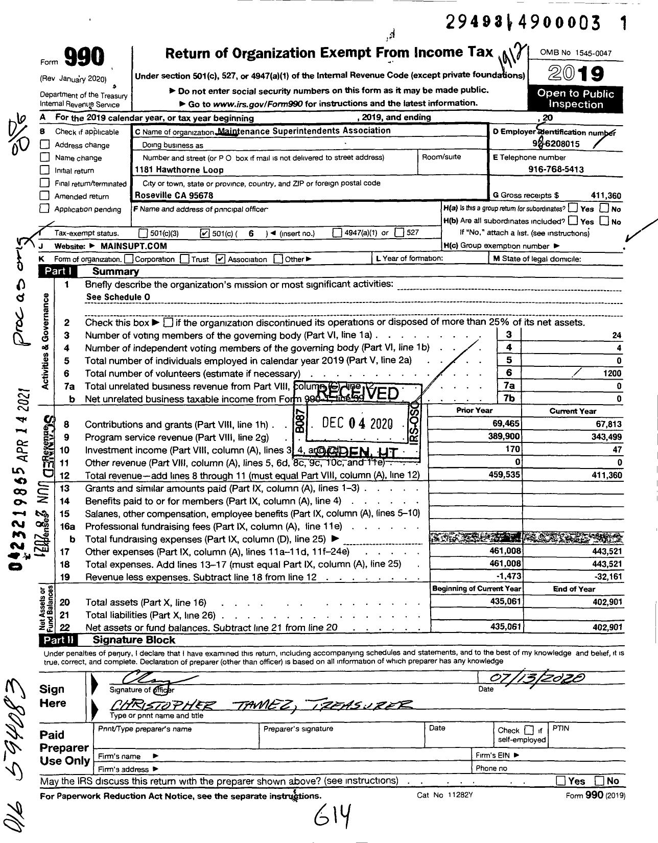 Image of first page of 2019 Form 990O for Maintenance Superintendents Association