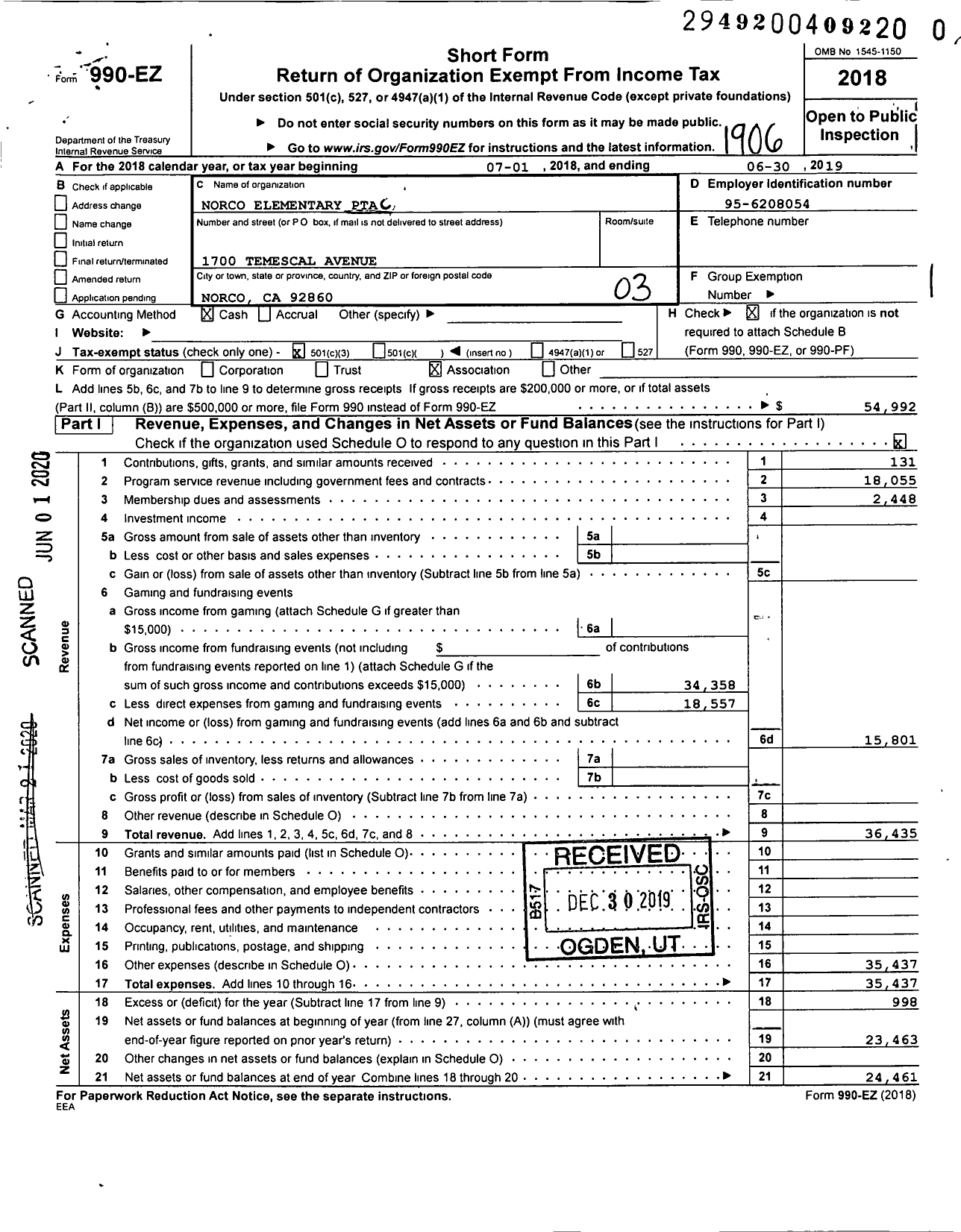 Image of first page of 2018 Form 990EZ for California State PTA - Norco Elementary PTA