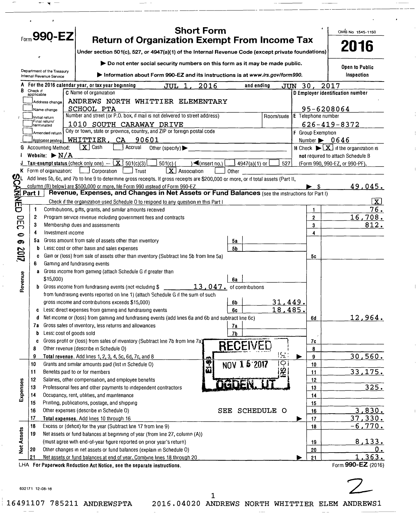 Image of first page of 2016 Form 990EZ for California State PTA - Wallen L Andrews North Whittier Ele