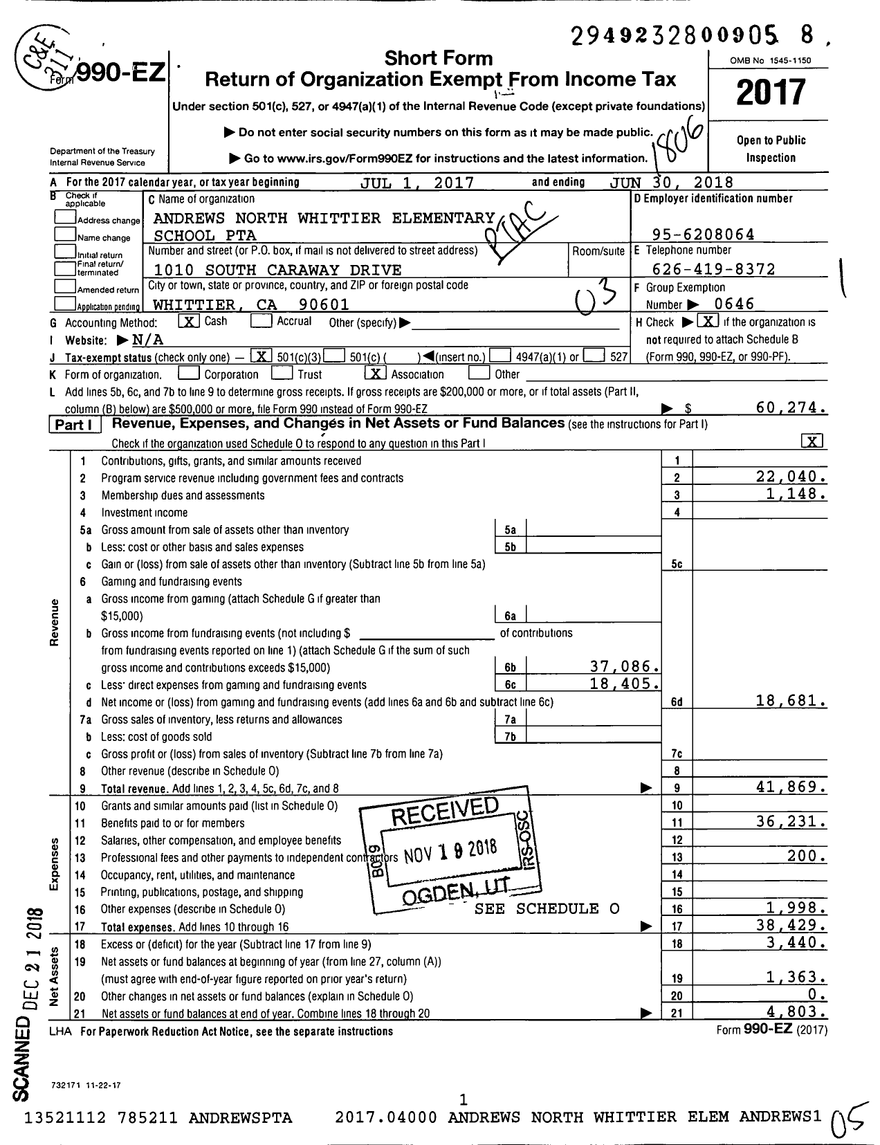 Image of first page of 2017 Form 990EZ for California State PTA - Wallen L Andrews North Whittier Ele