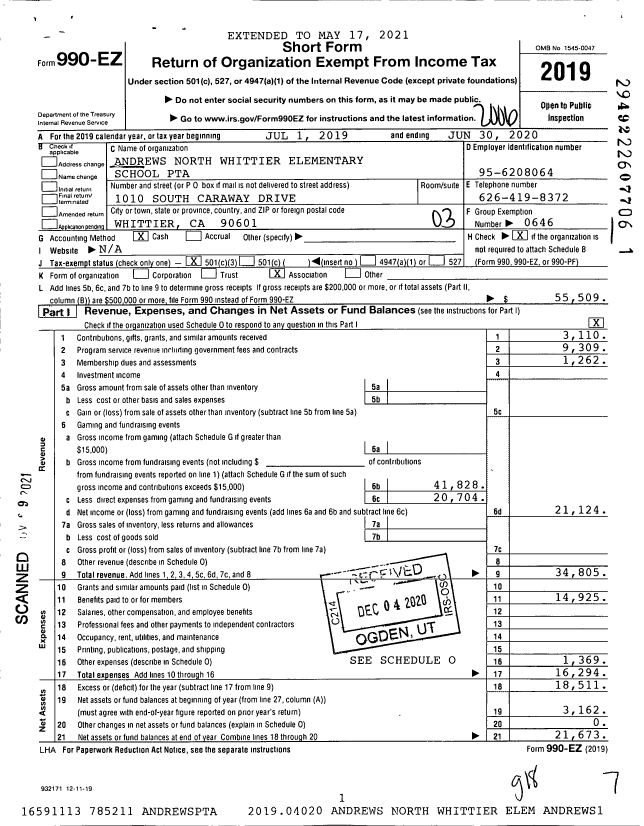 Image of first page of 2019 Form 990EZ for California State PTA - Wallen L Andrews North Whittier Ele