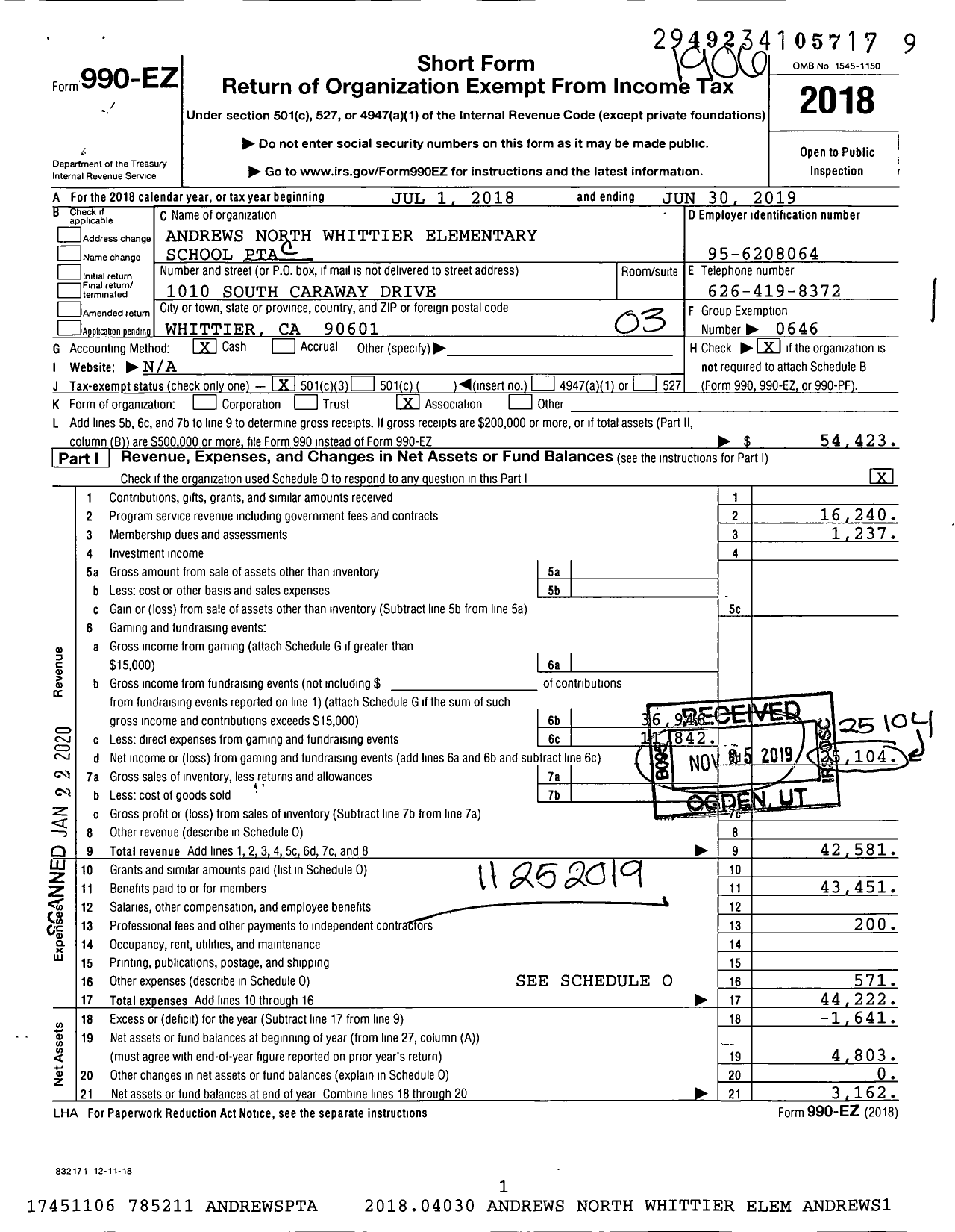 Image of first page of 2018 Form 990EZ for California State PTA - Wallen L Andrews North Whittier Ele