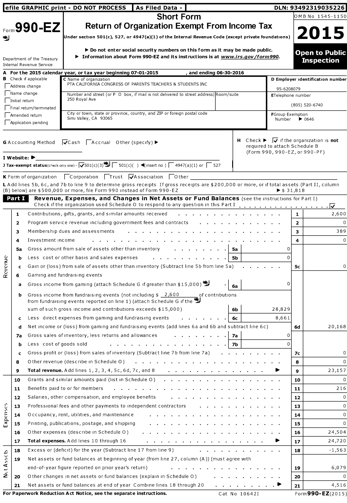 Image of first page of 2015 Form 990EZ for California State PTA - Madera PTA