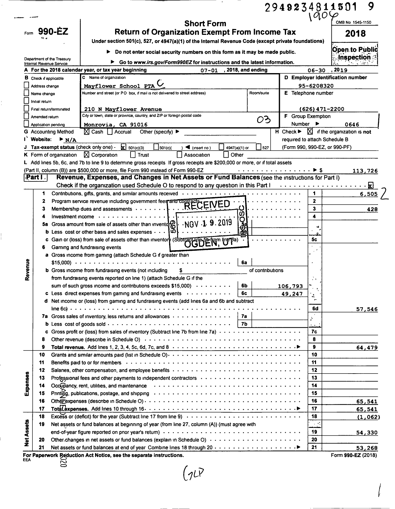 Image of first page of 2018 Form 990EZ for California State PTA - Mayflower PTA