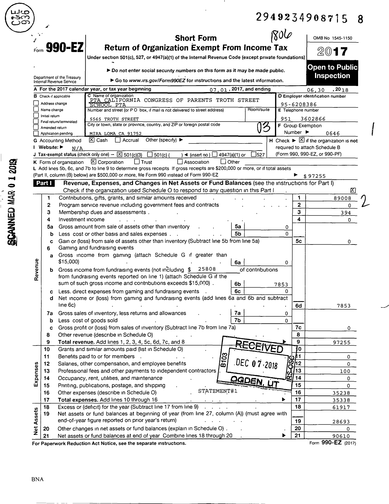 Image of first page of 2017 Form 990EZ for California State PTA - Troth Street Elementary PTA