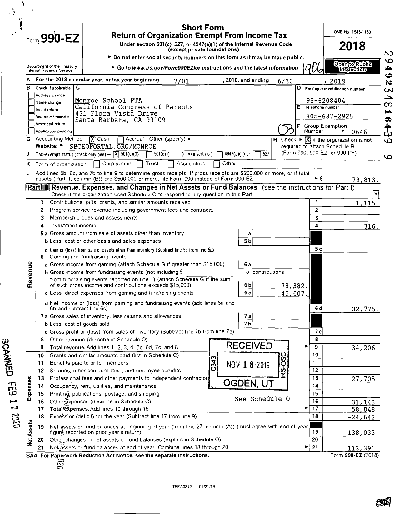 Image of first page of 2018 Form 990EZ for California State PTA - Monroe Elementary PTA