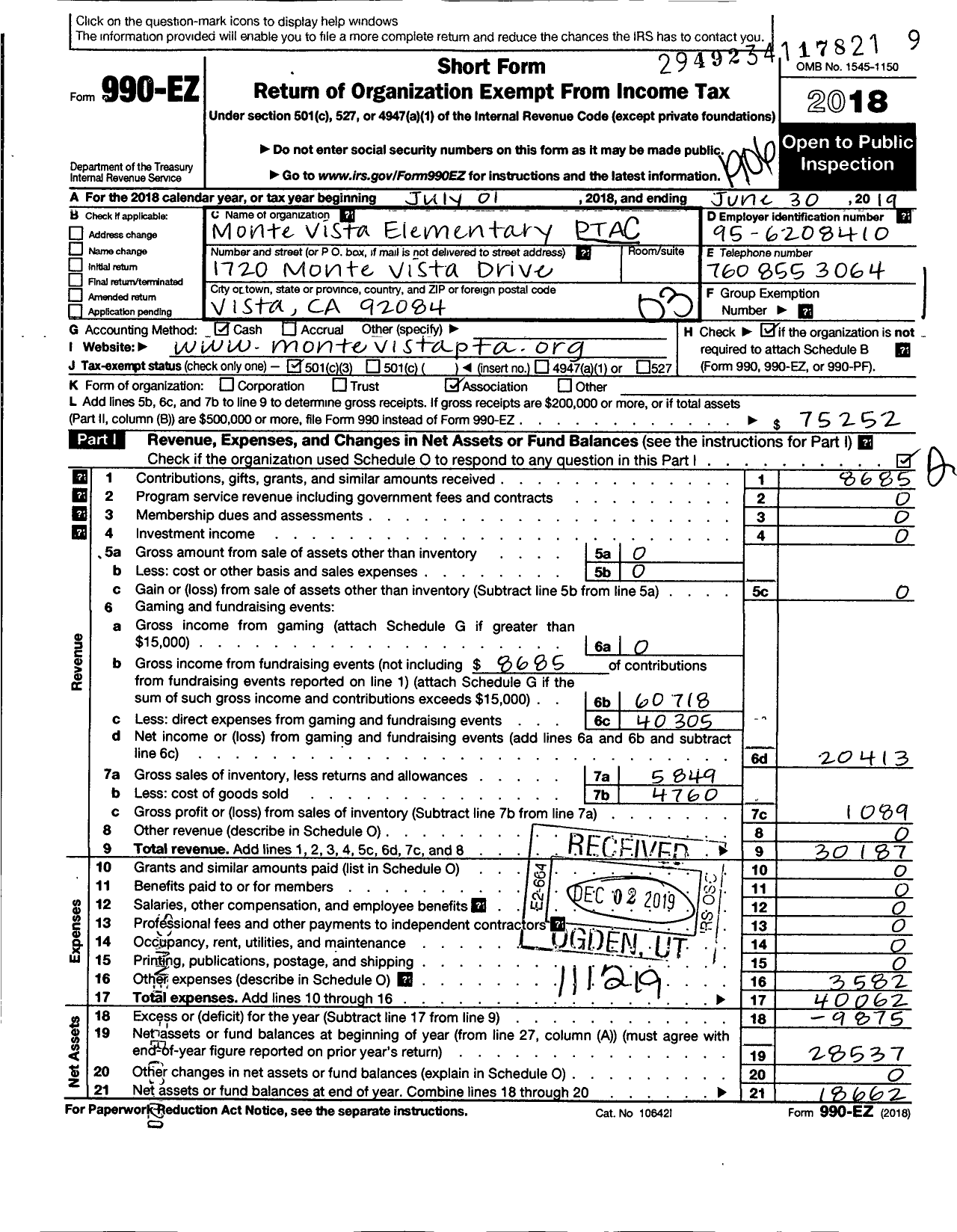 Image of first page of 2018 Form 990EZ for California State PTA - Monte Vista Elementary PTA