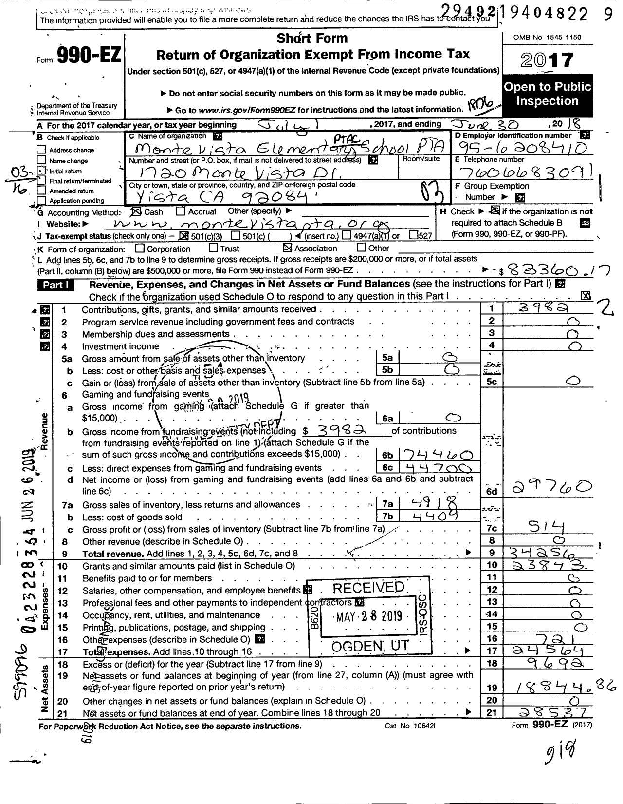 Image of first page of 2017 Form 990EZ for California State PTA - Monte Vista Elementary PTA