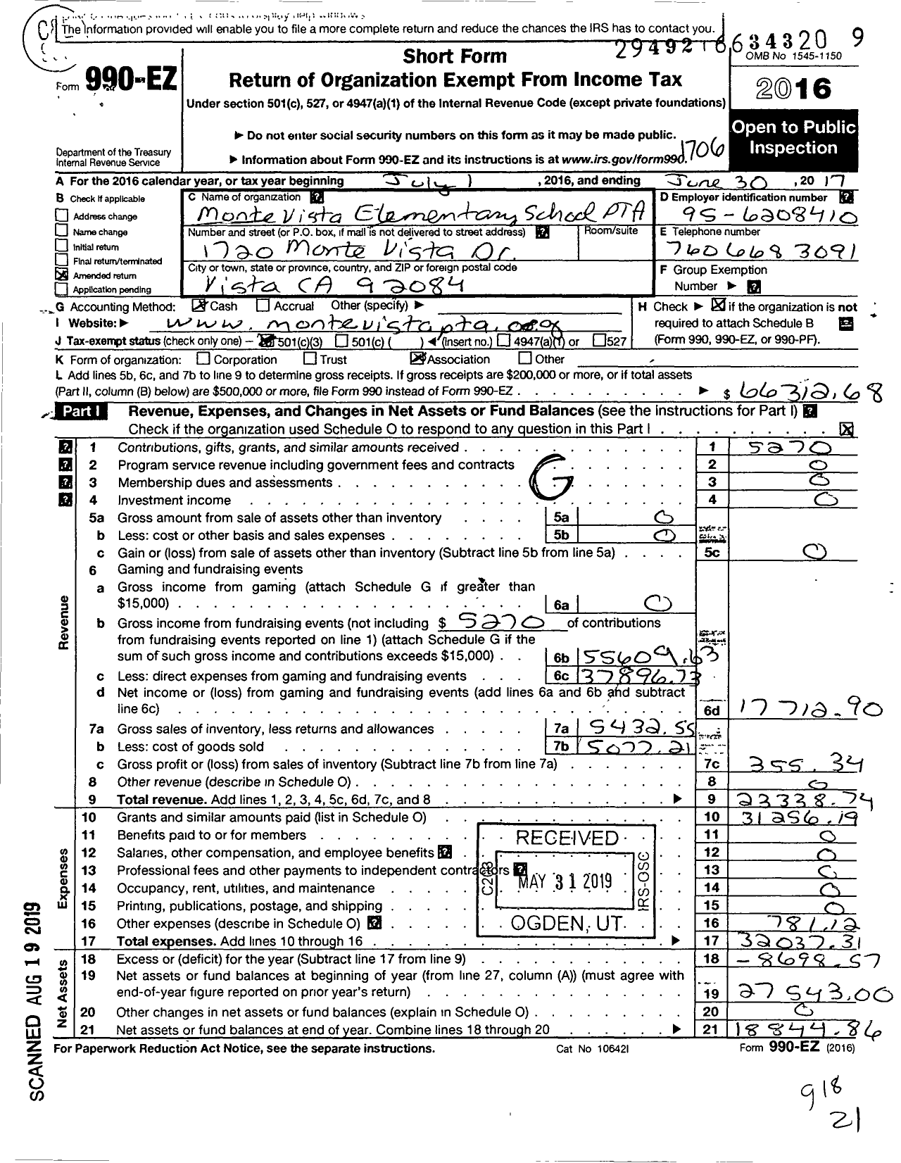 Image of first page of 2016 Form 990EZ for California State PTA - Monte Vista Elementary PTA