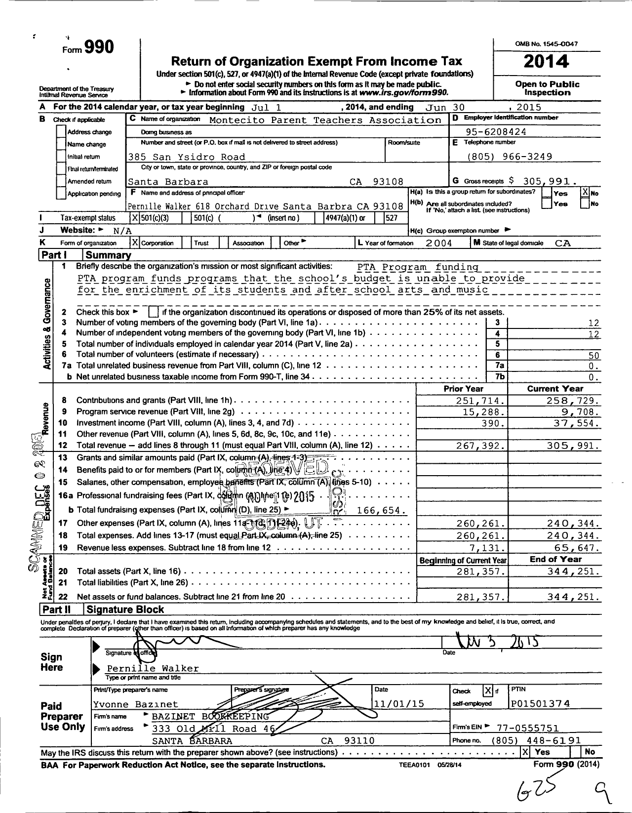 Image of first page of 2014 Form 990 for California State PTA - Montecito Union Elementary PTA