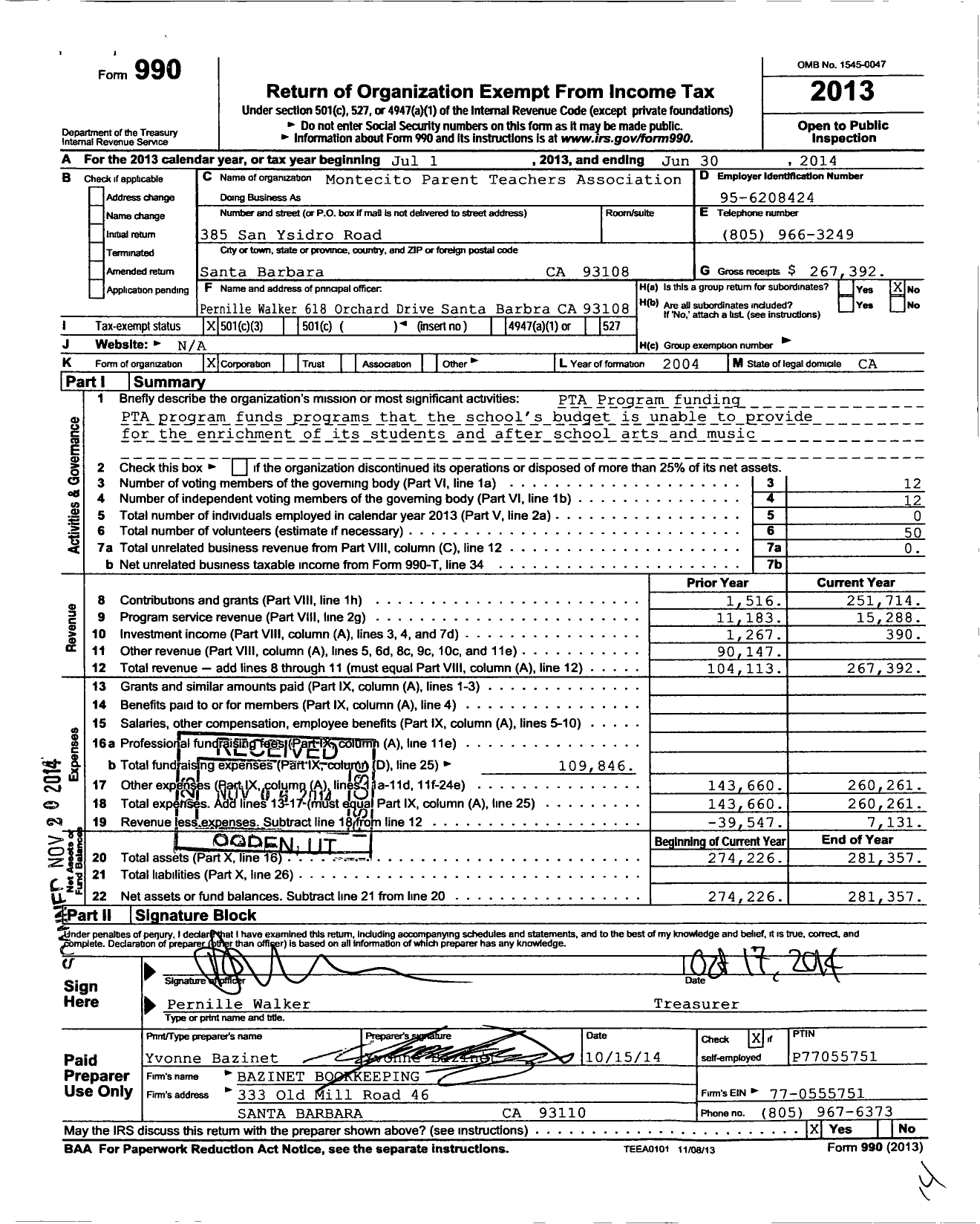 Image of first page of 2013 Form 990 for California State PTA - Montecito Union Elementary PTA