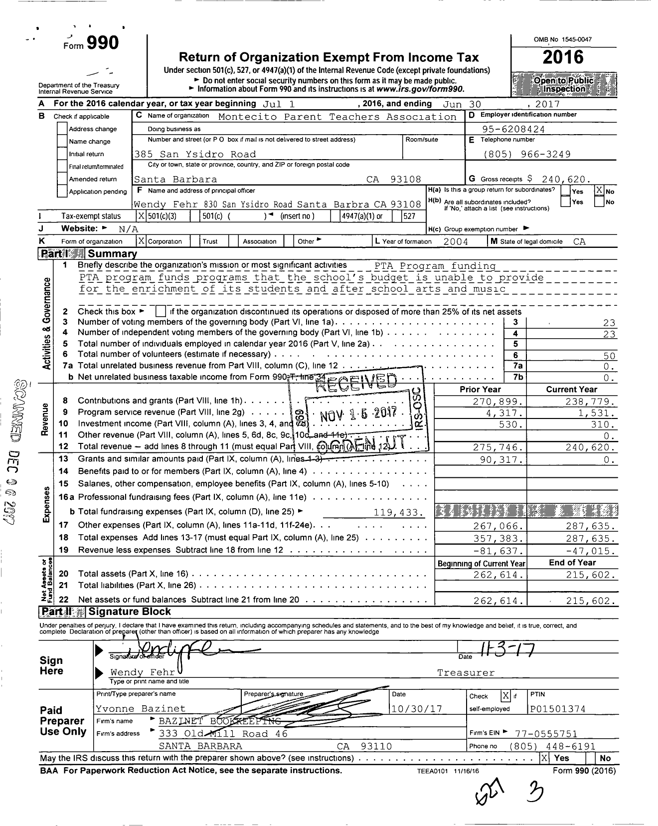 Image of first page of 2016 Form 990 for California State PTA - Montecito Union Elementary PTA