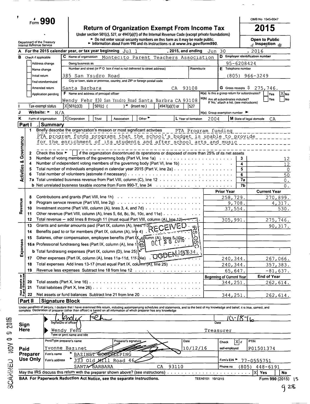 Image of first page of 2015 Form 990 for California State PTA - Montecito Union Elementary PTA