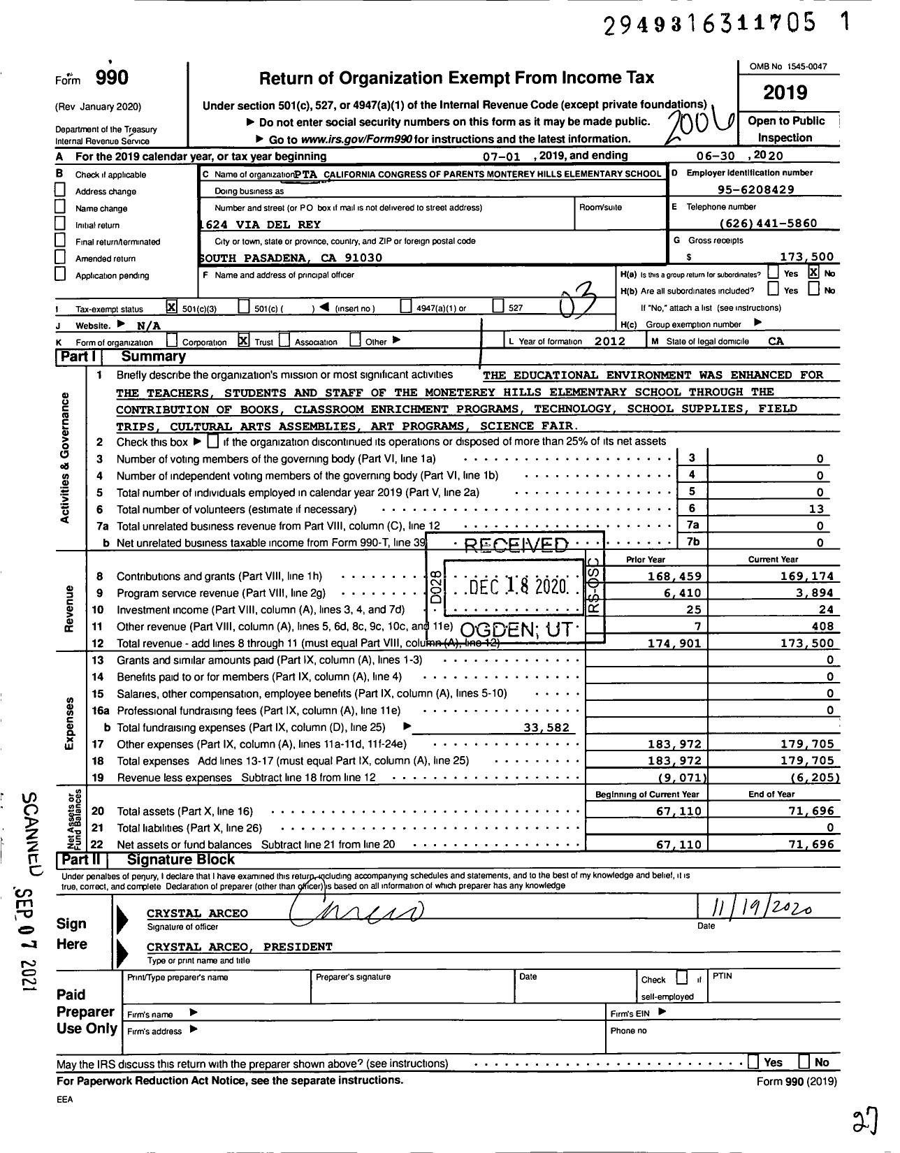 Image of first page of 2019 Form 990 for California State PTA - Monterey Hills Elementary PTA