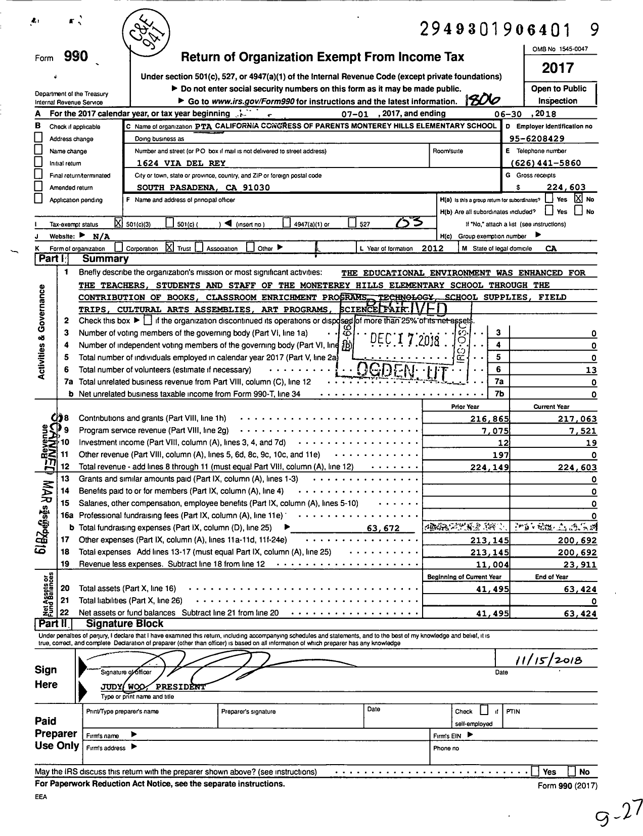 Image of first page of 2017 Form 990 for California State PTA - Monterey Hills Elementary PTA