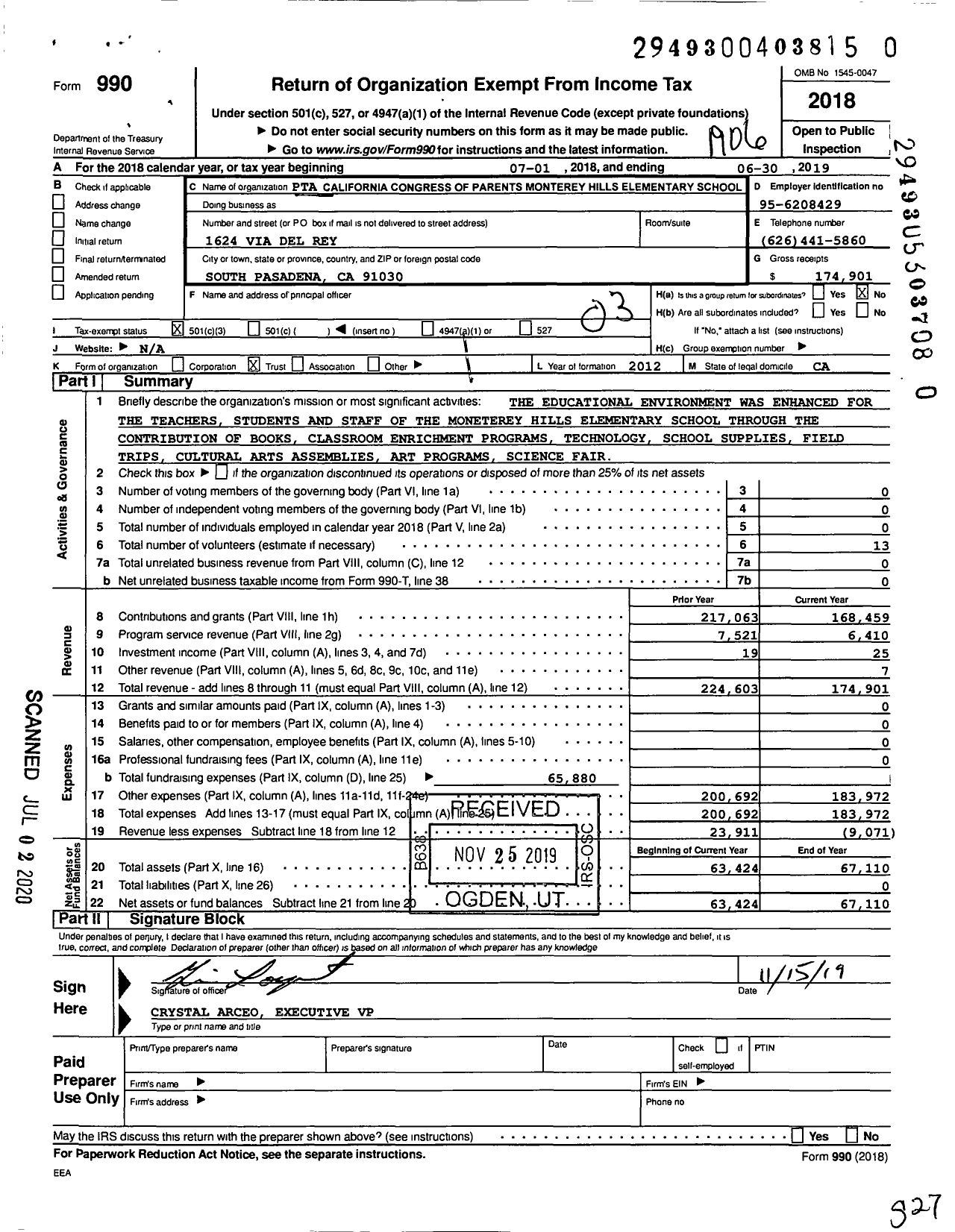 Image of first page of 2018 Form 990 for California State PTA - Monterey Hills Elementary PTA