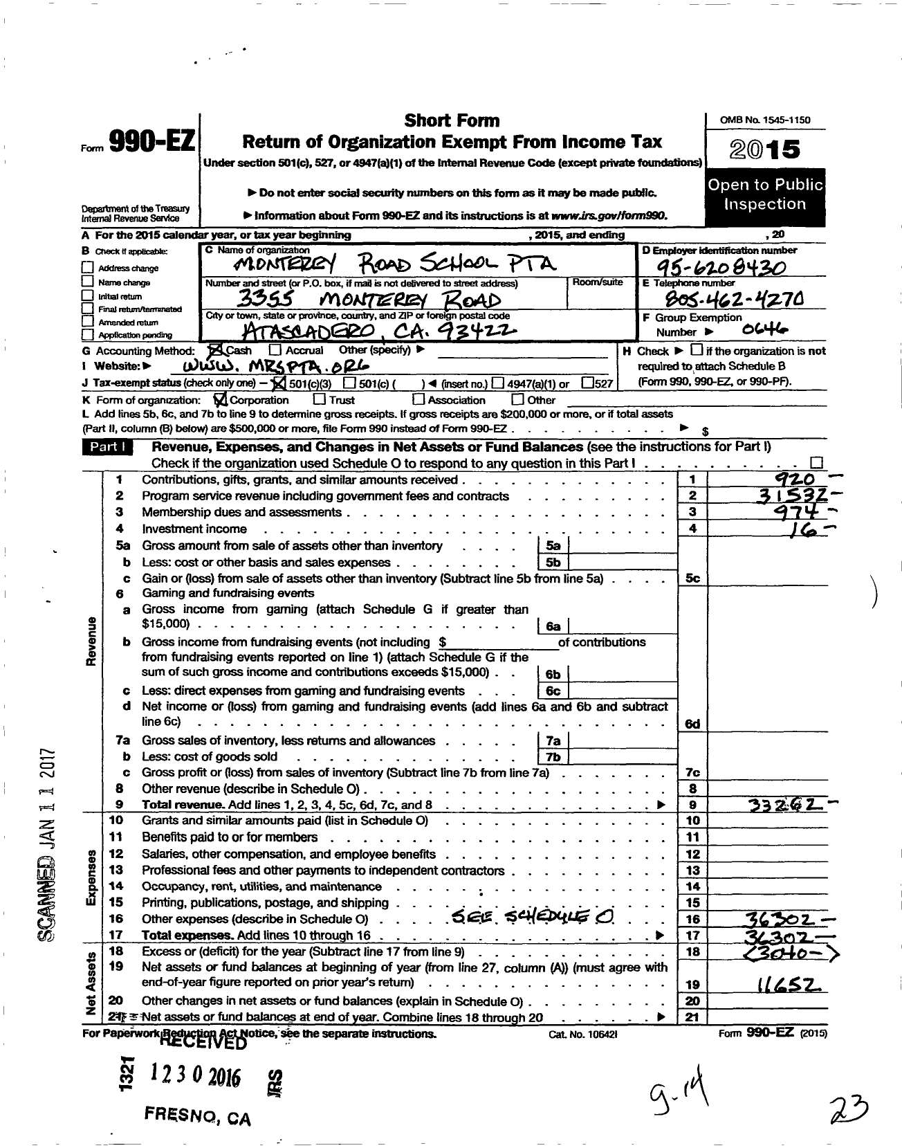 Image of first page of 2015 Form 990EZ for California State PTA - Monterey Road Elementary PTA