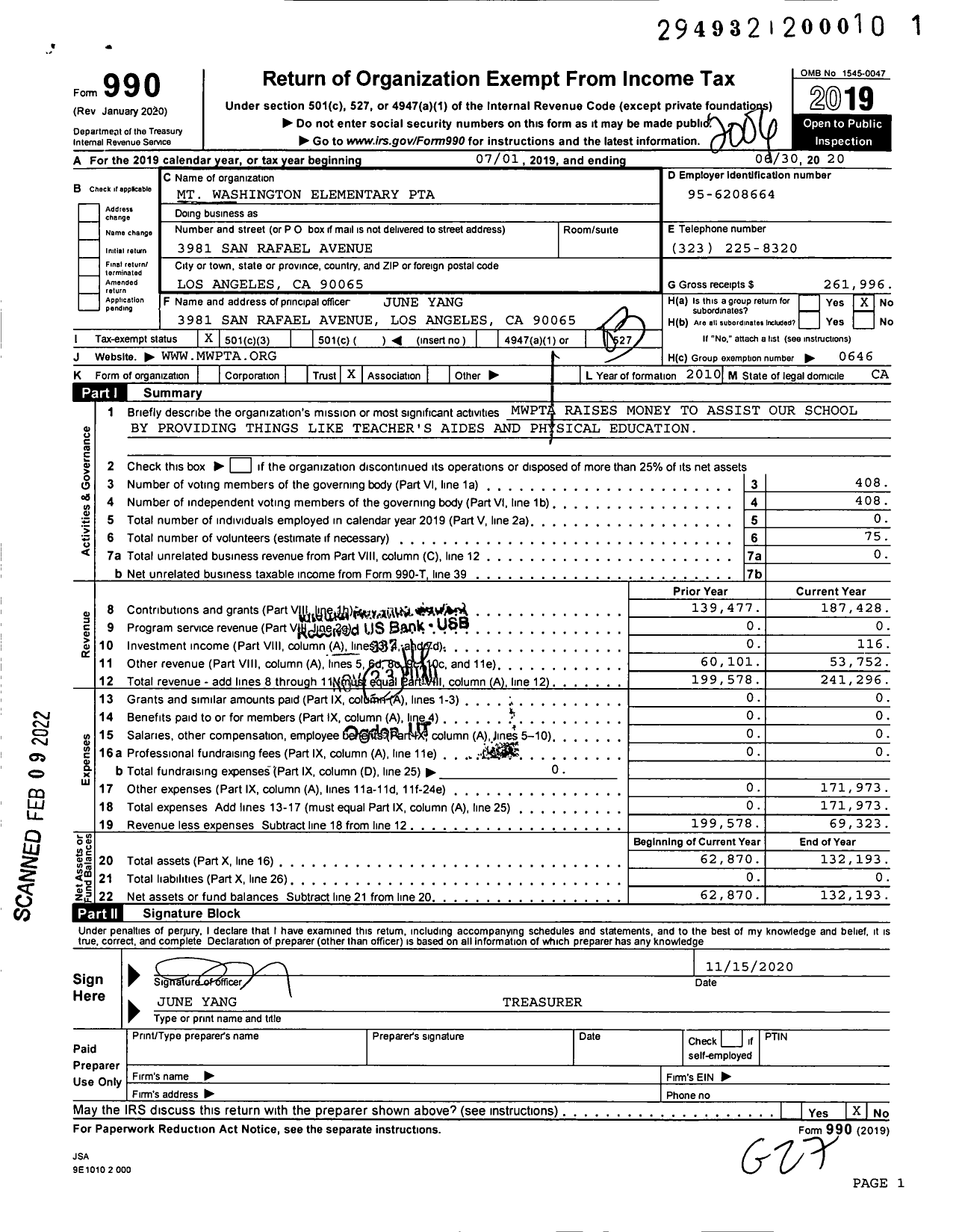 Image of first page of 2019 Form 990 for CALIFORNIA State PTA - Mt Washington Elementary PTA