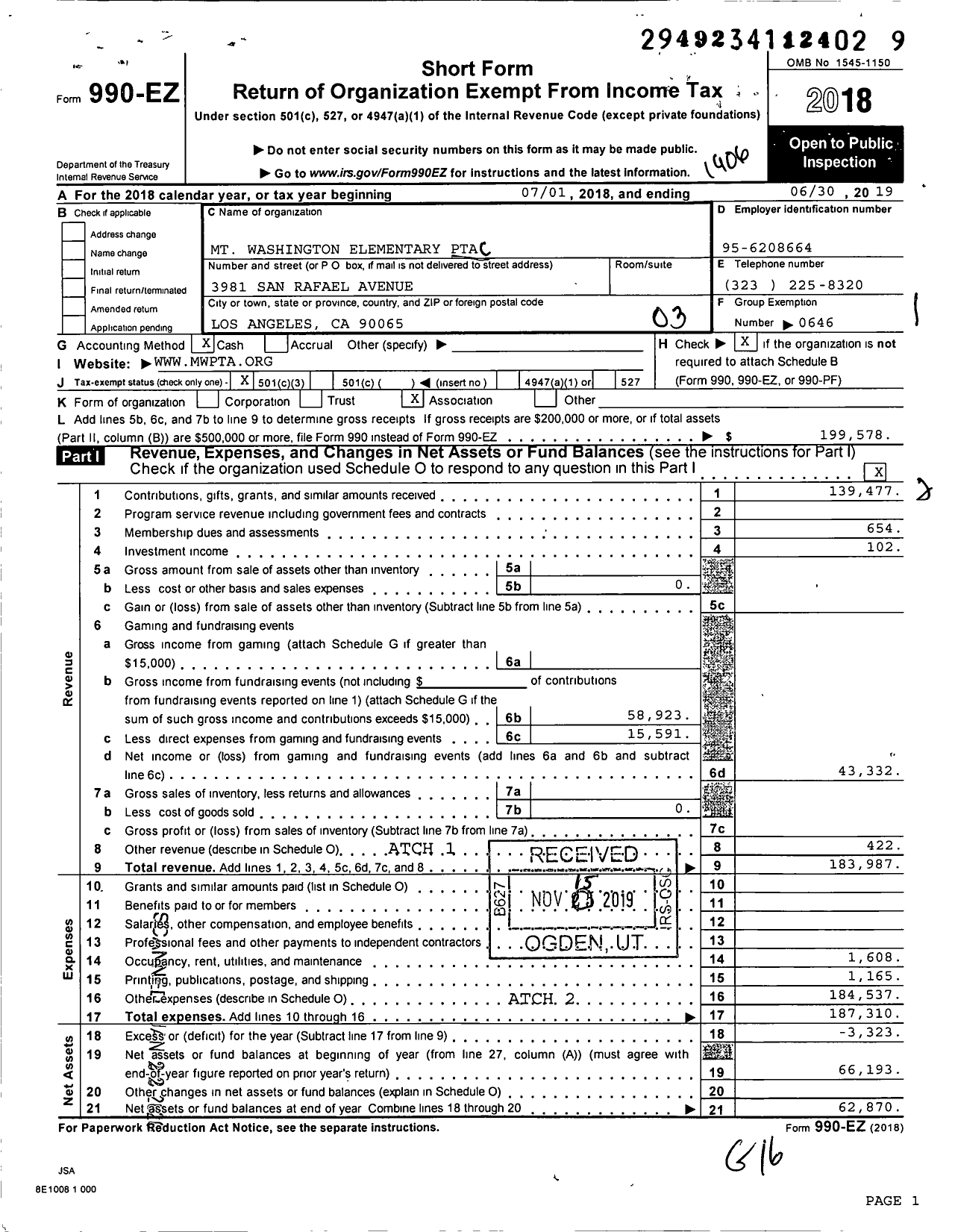 Image of first page of 2018 Form 990EZ for CALIFORNIA State PTA - Mt Washington Elementary PTA