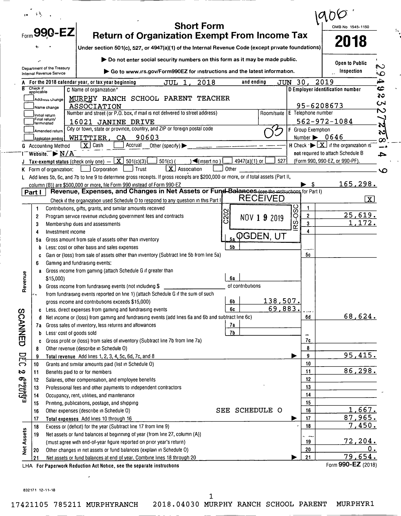 Image of first page of 2018 Form 990EZ for California State PTA - Murphy Ranch School PTA