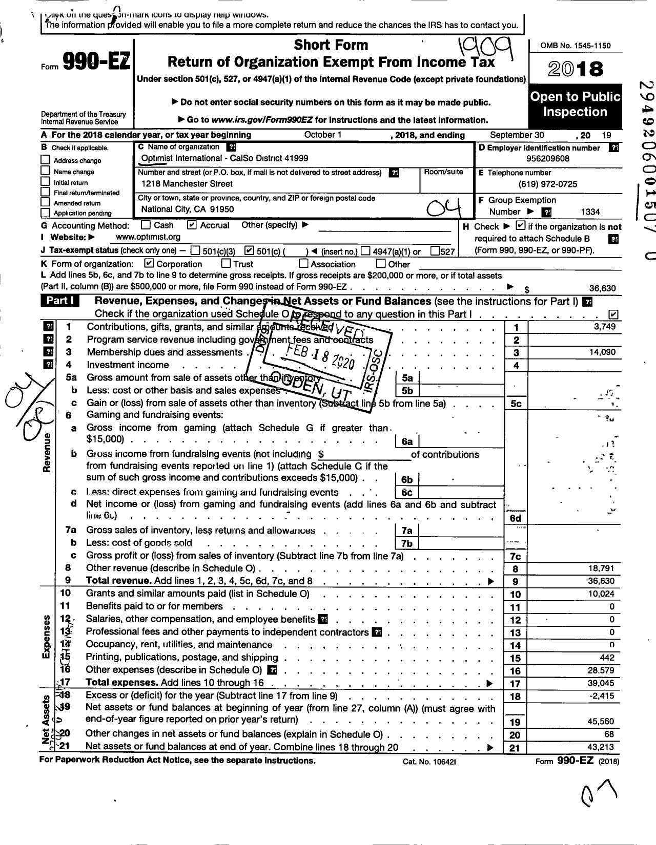 Image of first page of 2018 Form 990EO for Optimist International - 41999 California South District