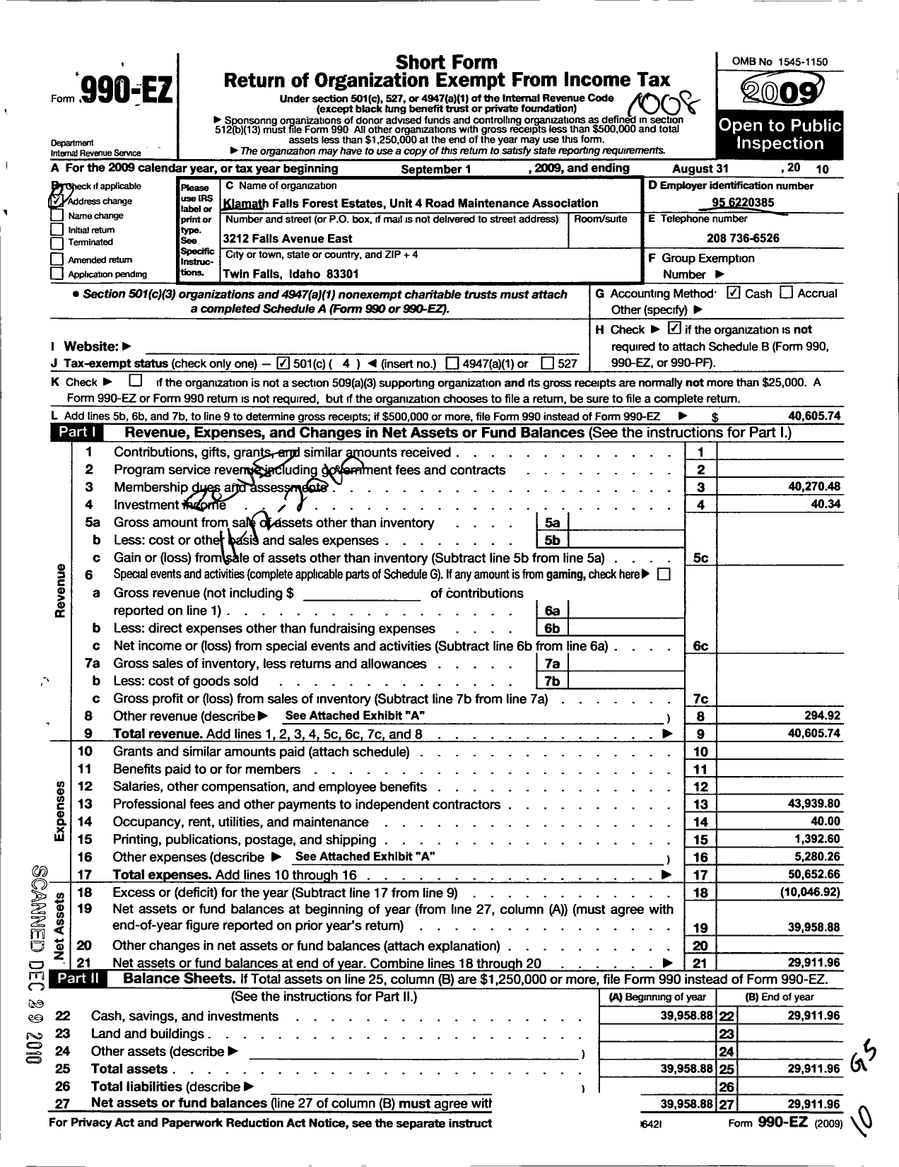 Image of first page of 2009 Form 990EO for Klamath Falls Forest Estates Unit 4 Road Maintenance Association