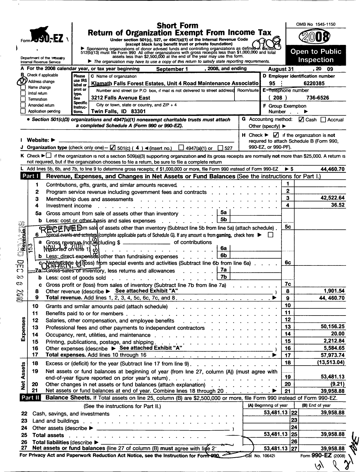 Image of first page of 2008 Form 990EO for Klamath Falls Forest Estates Unit 4 Road Maintenance Association