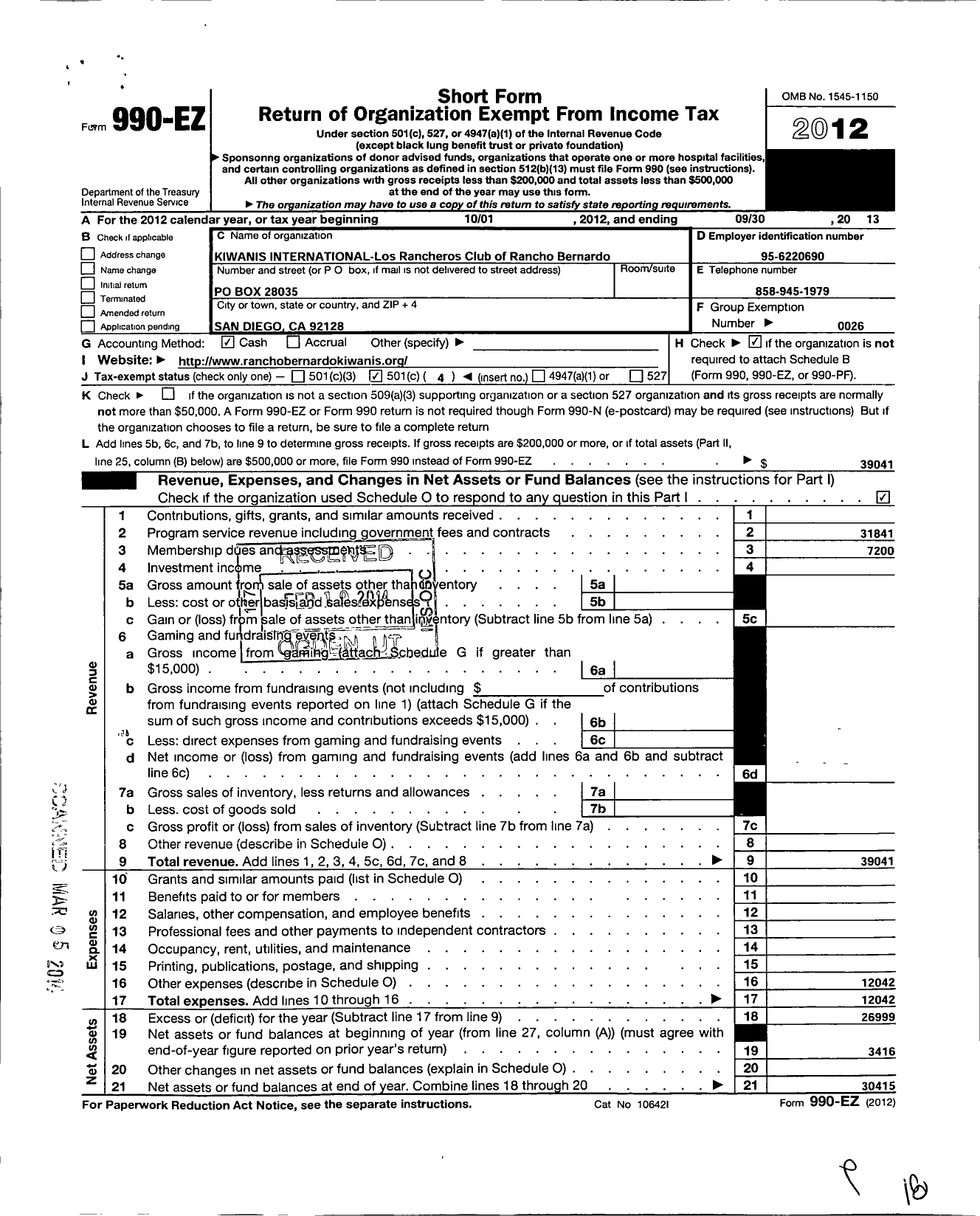 Image of first page of 2012 Form 990EO for Kiwanis International - K06252 Los Rancheros-San Diego