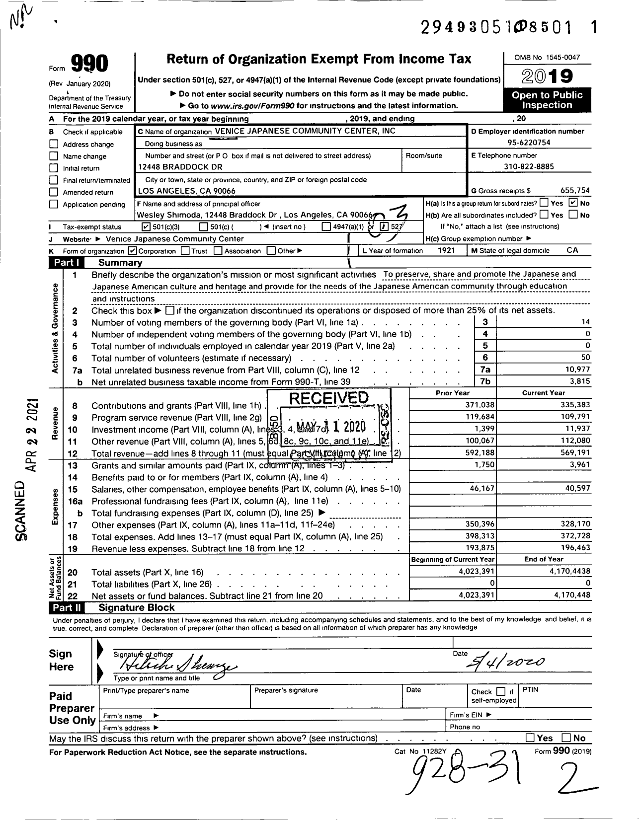 Image of first page of 2019 Form 990 for Venice Japanese Community Center