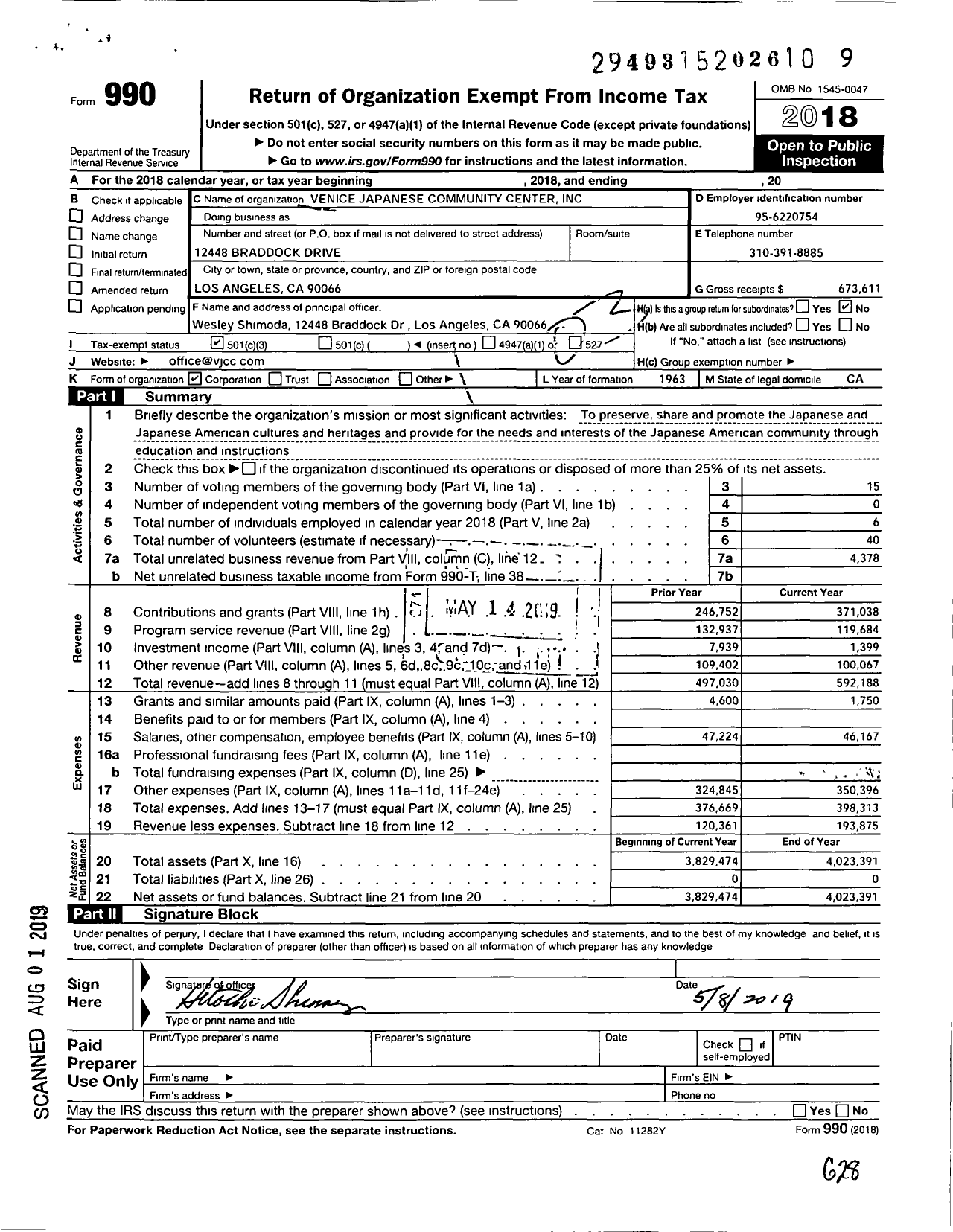 Image of first page of 2018 Form 990 for Venice Japanese Community Center