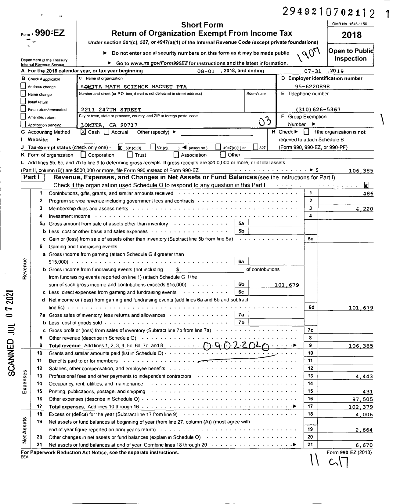 Image of first page of 2018 Form 990EZ for California State PTA - Lomita Math-Science Magnet Ptsa