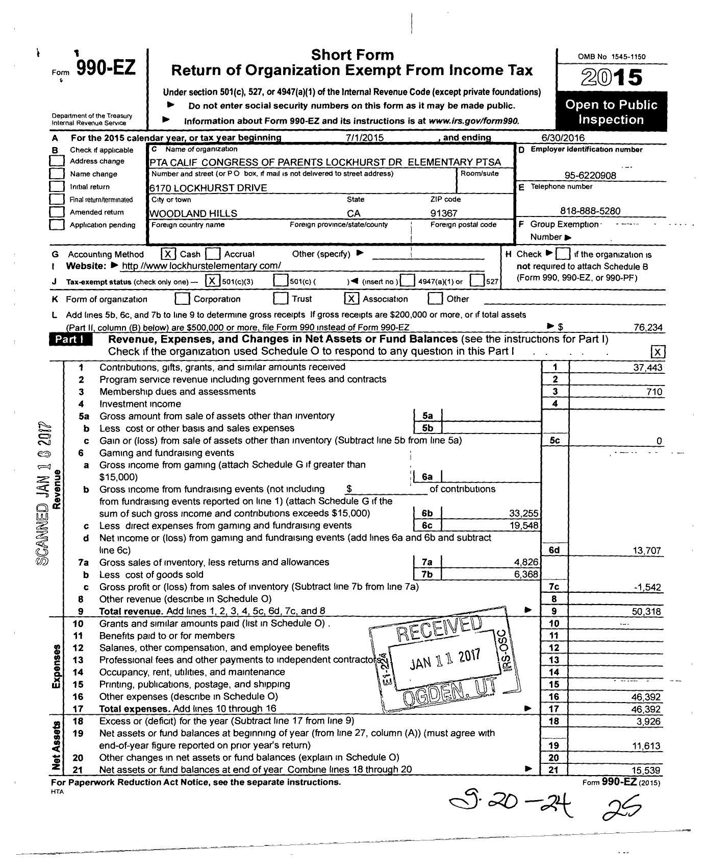 Image of first page of 2015 Form 990EZ for California State PTA - Lockhurst Drive Elementary Ptsa