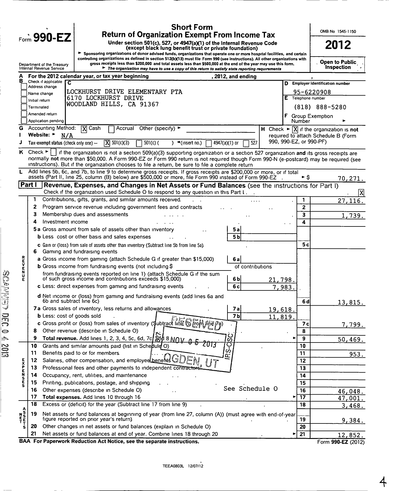 Image of first page of 2012 Form 990EZ for California State PTA - Lockhurst Drive Elementary Ptsa