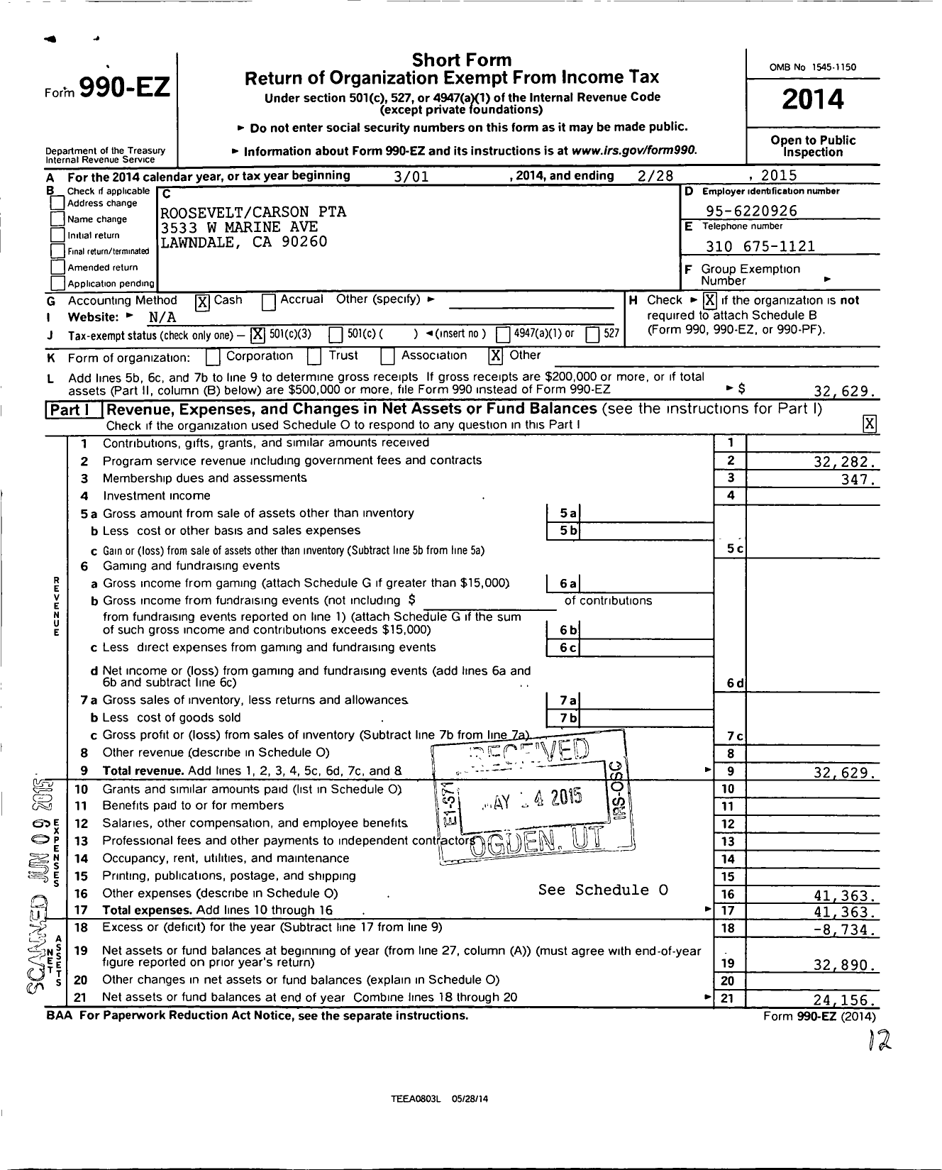 Image of first page of 2014 Form 990EZ for California State PTA - F D Roosevelt PTA