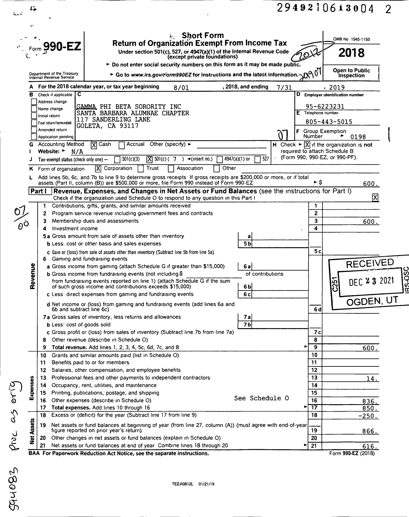 Image of first page of 2018 Form 990EO for Gamma Phi Beta Sorority - Santa Barbara Alumnae Chapter