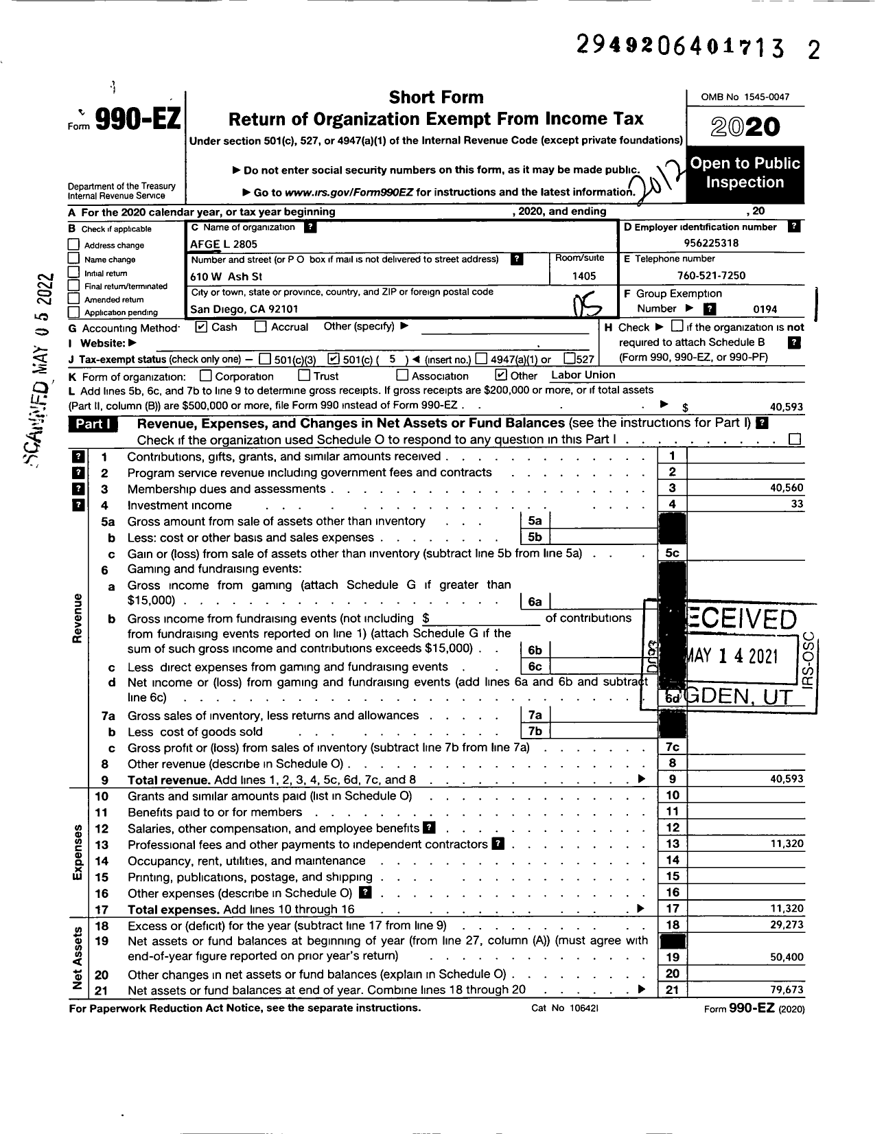 Image of first page of 2020 Form 990EO for American Federation of Government Employees - 2805 Local Afge NBP Ins