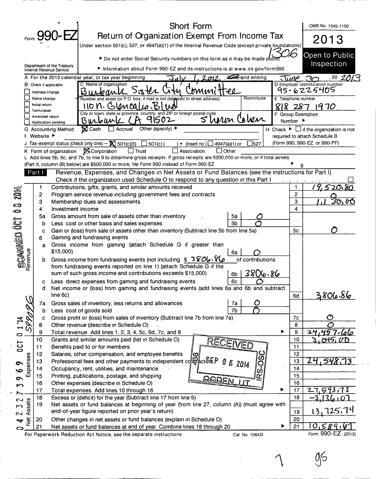 Image of first page of 2012 Form 990EZ for Burbank Sister City Committee