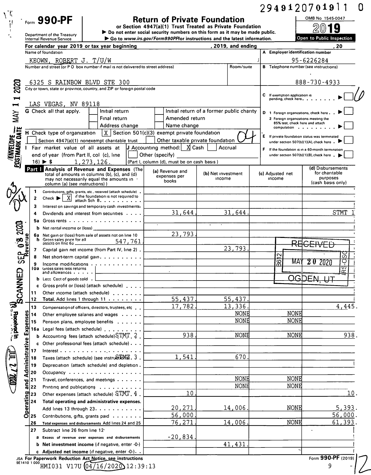 Image of first page of 2019 Form 990PR for Keown Robert J Tuw