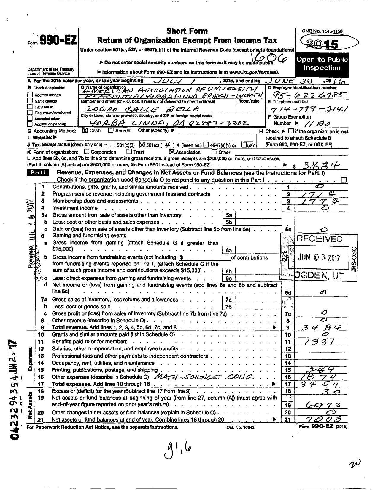 Image of first page of 2015 Form 990EO for American Association of University Women / Placentia-Yorba Linda