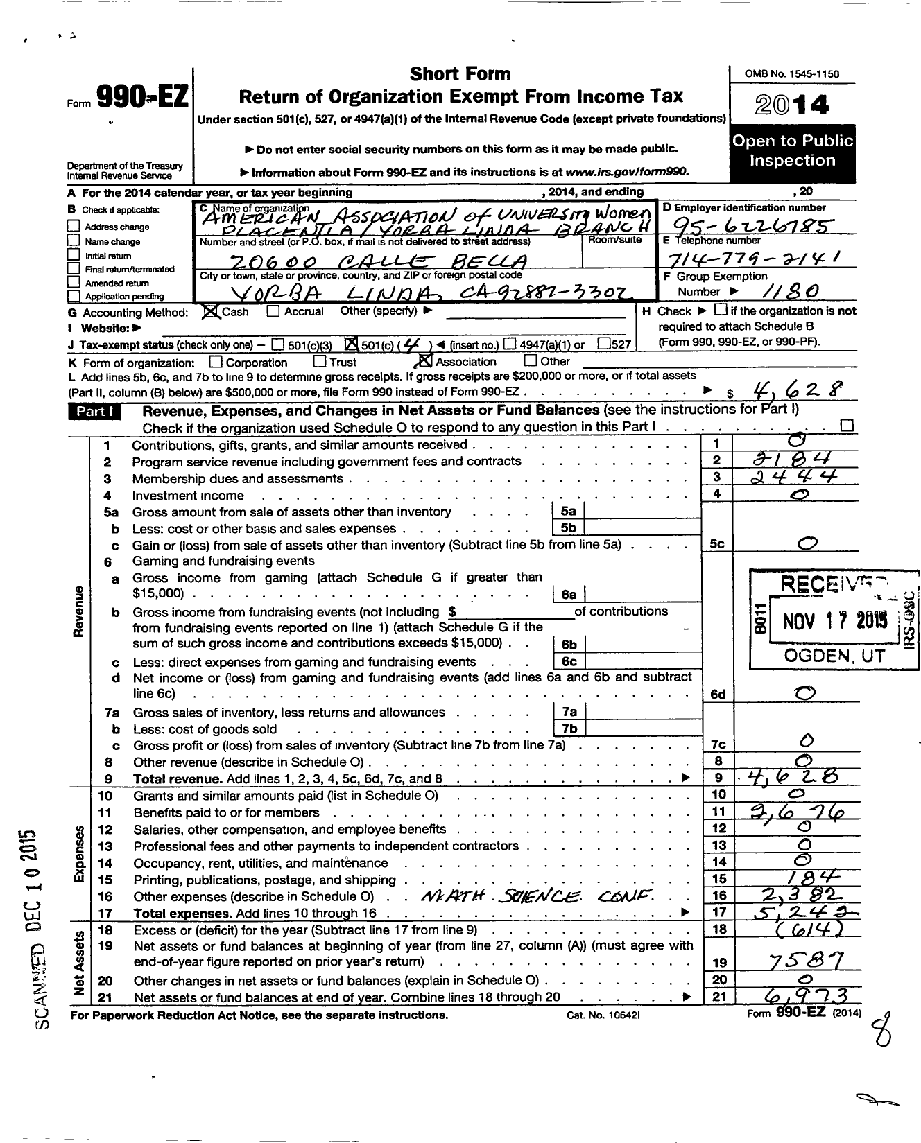 Image of first page of 2014 Form 990EO for American Association of University Women / Placentia-Yorba Linda
