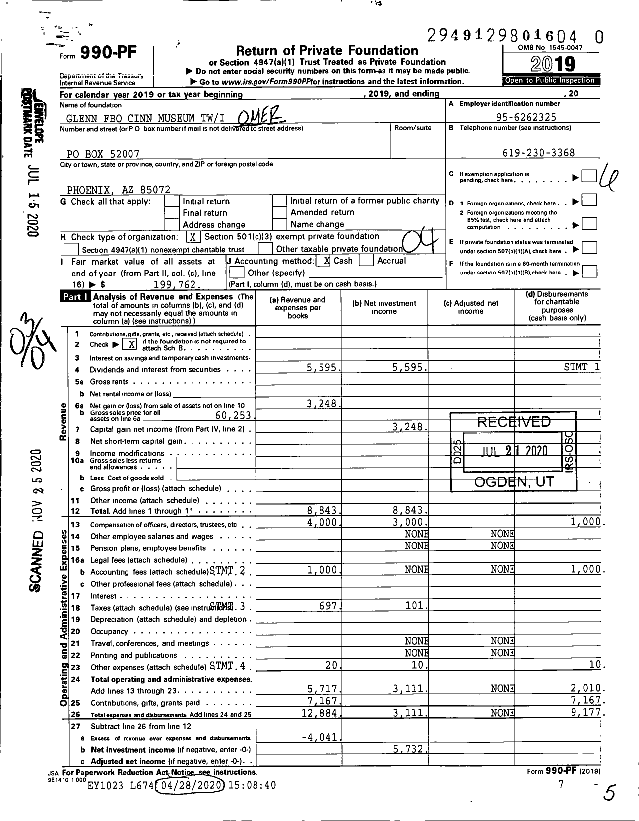 Image of first page of 2019 Form 990PF for Glenn Fbo Cinn Museum Twi-Dis