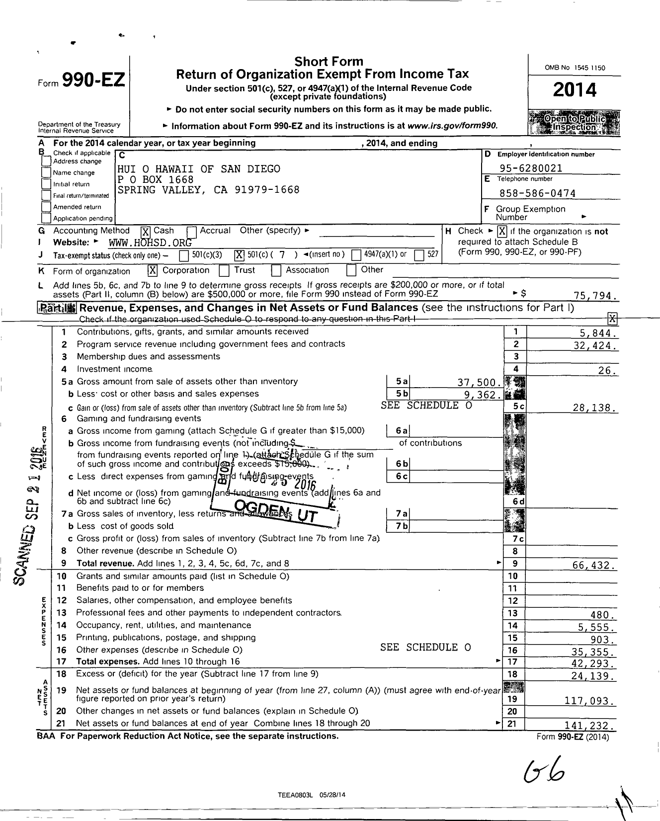 Image of first page of 2014 Form 990EO for Hui O Hawaii of San Diego