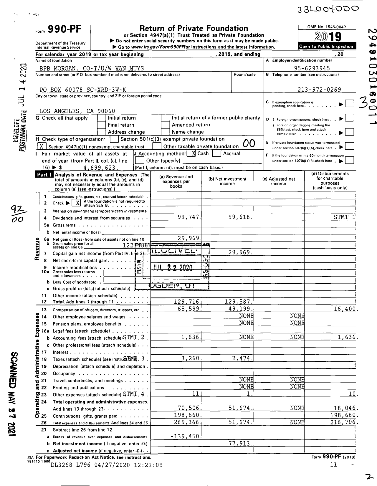 Image of first page of 2019 Form 990PF for BPB Morgan Co-Tuw Van Nuys