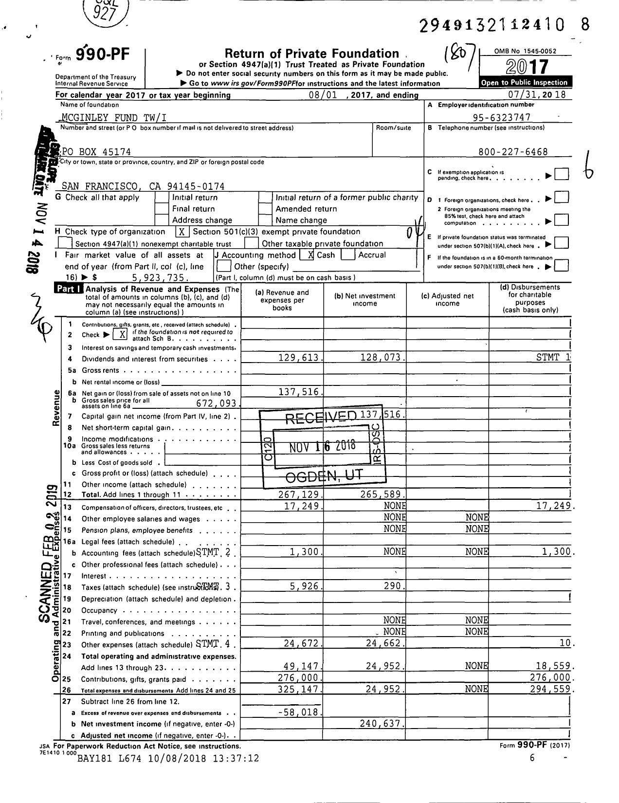 Image of first page of 2017 Form 990PF for Mcginley Fund Twi