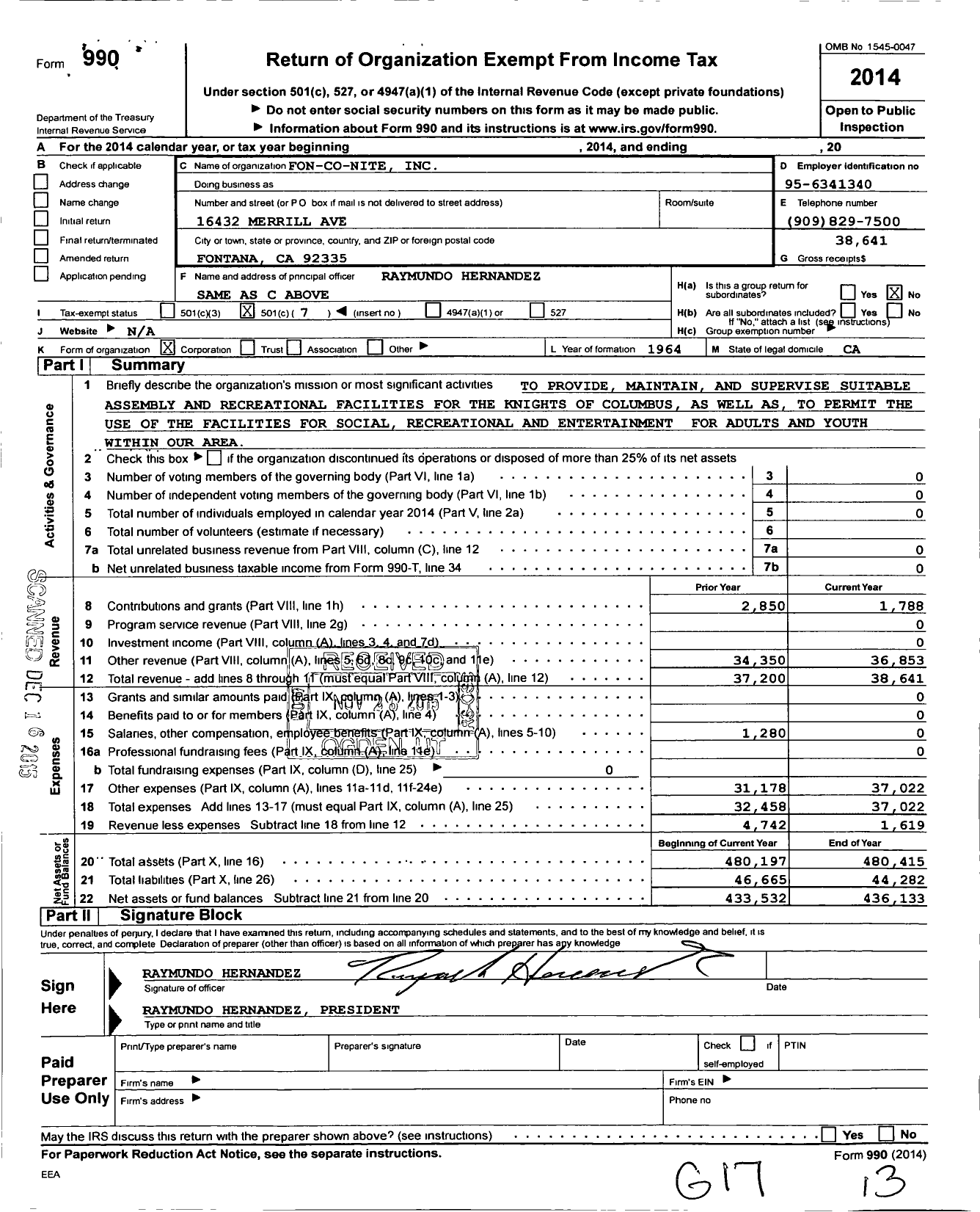 Image of first page of 2014 Form 990O for Fon Nite