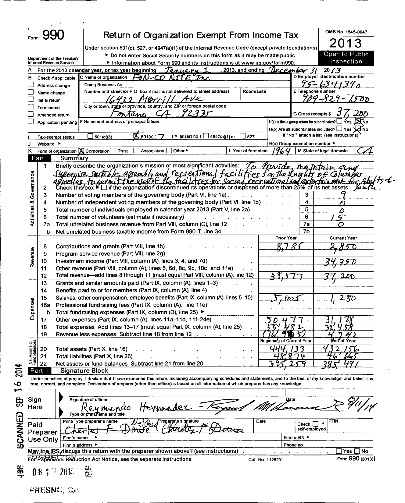 Image of first page of 2013 Form 990O for Fon Nite