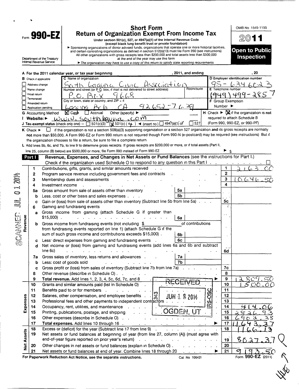 Image of first page of 2011 Form 990EO for South Laguna Civic Association