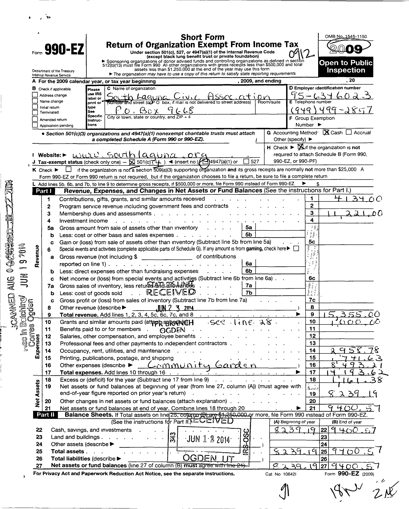 Image of first page of 2009 Form 990EO for South Laguna Civic Association