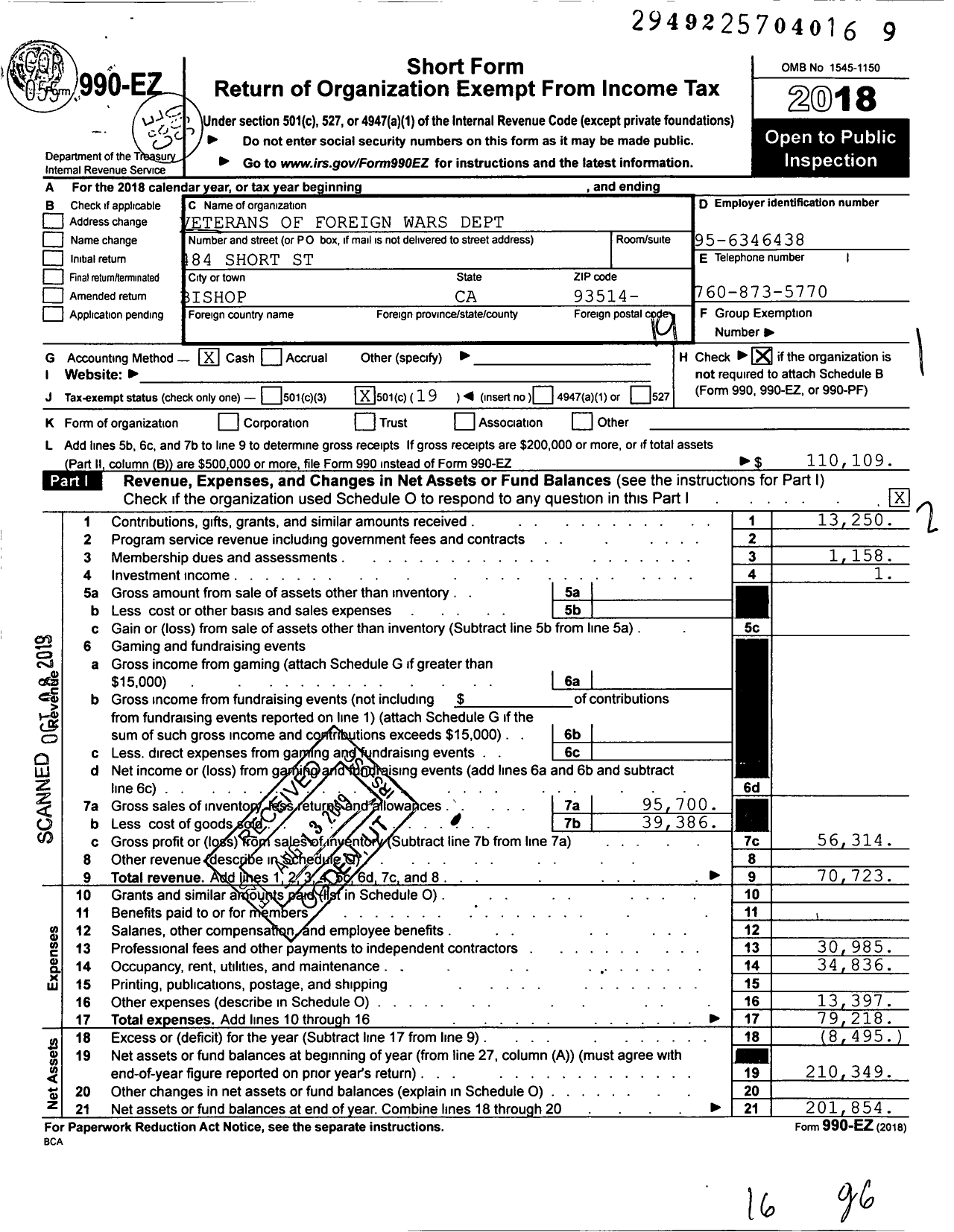 Image of first page of 2018 Form 990EO for VFW California Department - 8988 10 Bishop